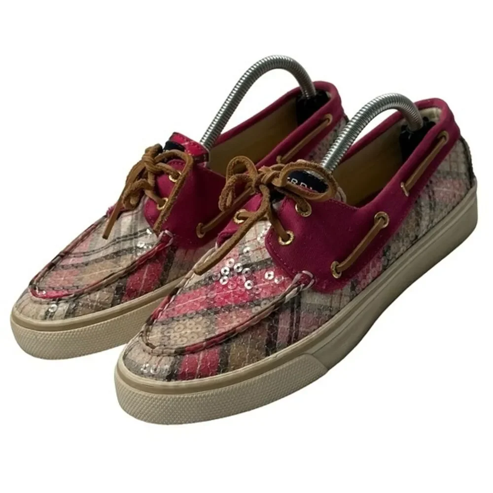 Sperry Bahama Boat Shoes Womens 7M Pink Plaid Fuchsia Sequin Slip On 9448226